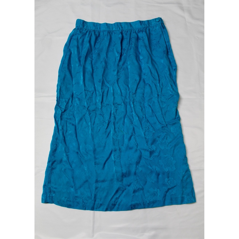 Argenti Vintage Teal Blue 100% Silk Floral Jacquard Rose Midi Skirt Womens 8